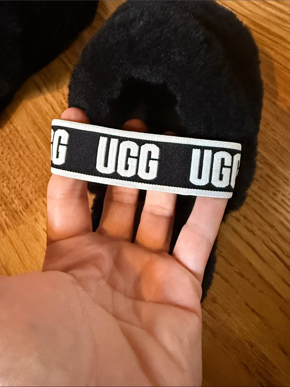 UGG Kids Black Fuzzy Slide Sandals with Branded Elastic Heel